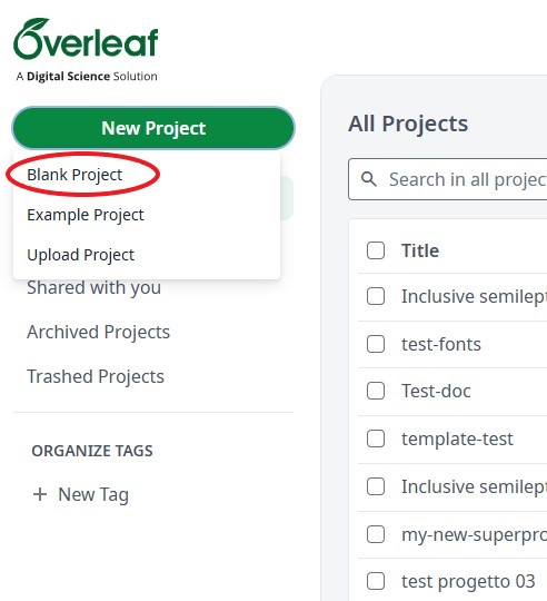 Overleaf new project